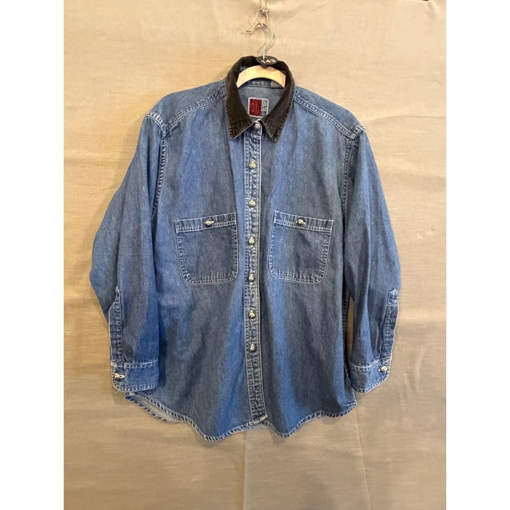 XL 143 Vintage Denim Shirt Western Concho Buttons Black Collar Oversized Cowgirl - Picture 2 of 6
